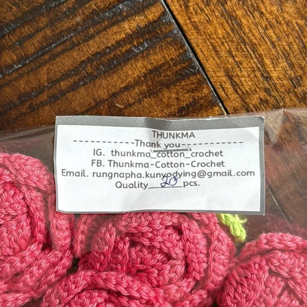 20 Crochet Handmade Cotton Rose Flowers – 1.5” Pink + Green